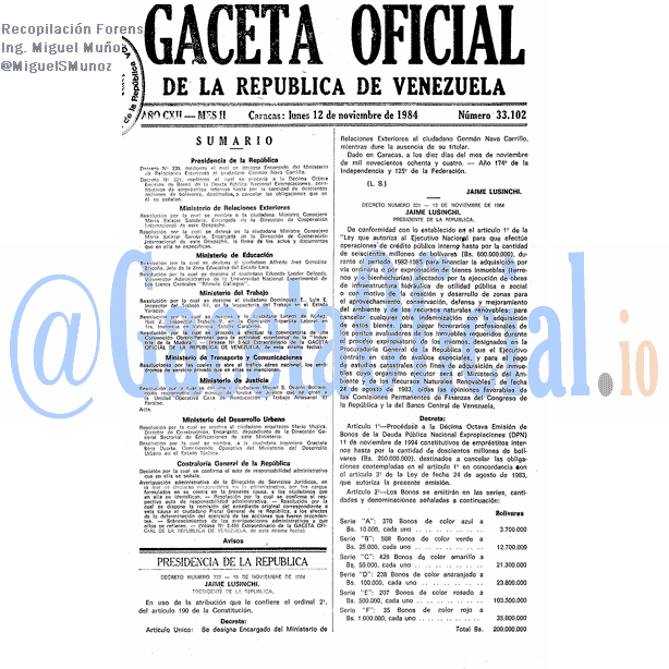 Gaceta Oficial 33102 del 12 Noviembre 1984