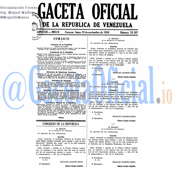 Gaceta Oficial 33107 del 19 Noviembre 1984