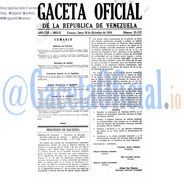 Gaceta Oficial 33122 del 10 Diciembre 1984