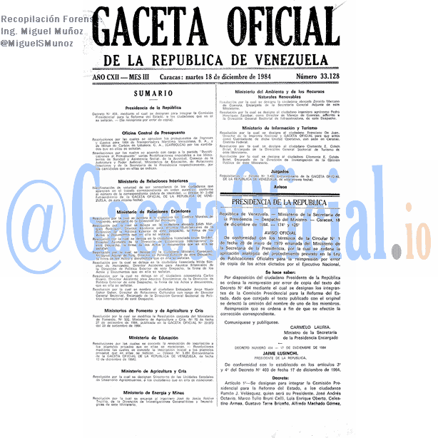 Gaceta Oficial 33128 del 18 Diciembre 1984