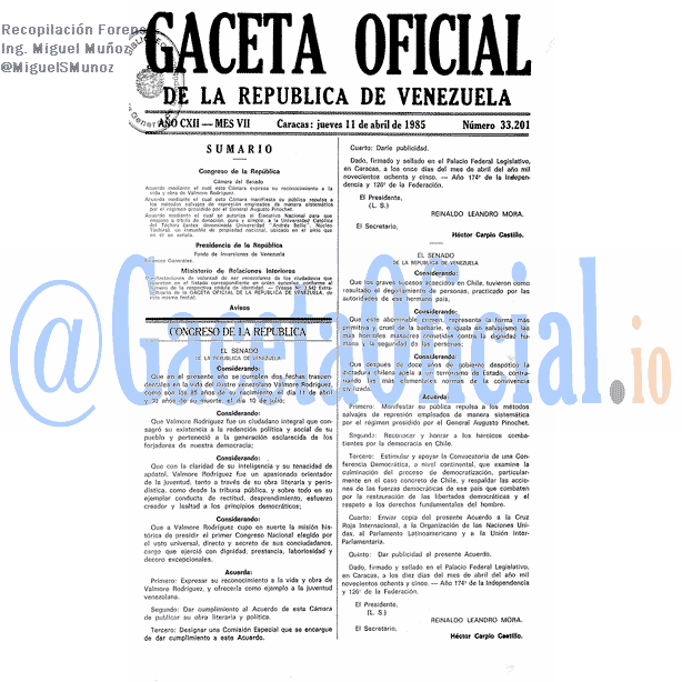 Gaceta Oficial 33201 del 11 Abril 1985