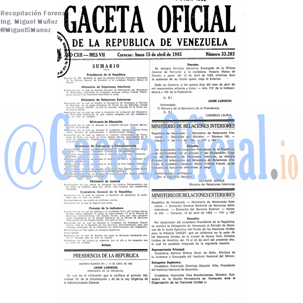 Gaceta Oficial 33203 del 15 Abril 1985