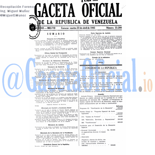Gaceta Oficial 33208 del 23 Abril 1985