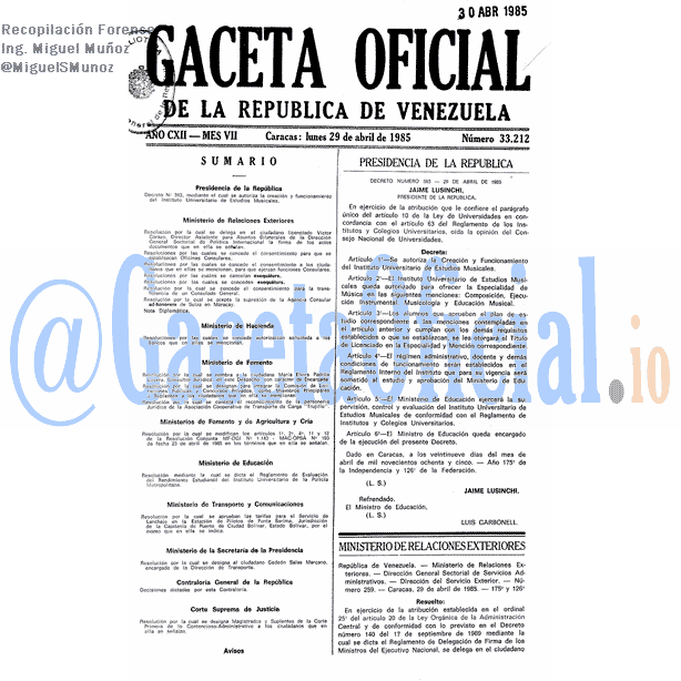 Gaceta Oficial 33212 del 29 Abril 1985