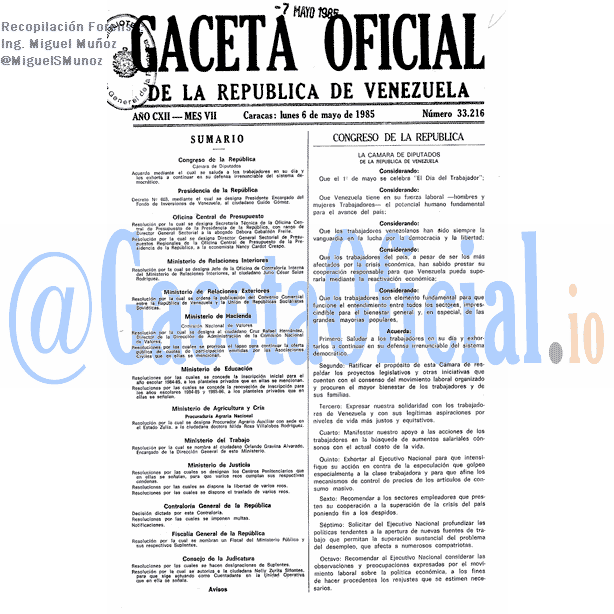 Gaceta Oficial 33216 del 6 Mayo 1985