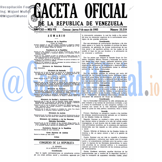 Gaceta Oficial 33219 del 9 Mayo 1985