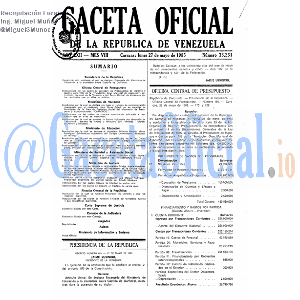 Gaceta Oficial 33231 del 27 Mayo 1985