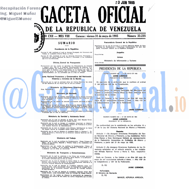 Gaceta Oficial 33235 del 31 Mayo 1985