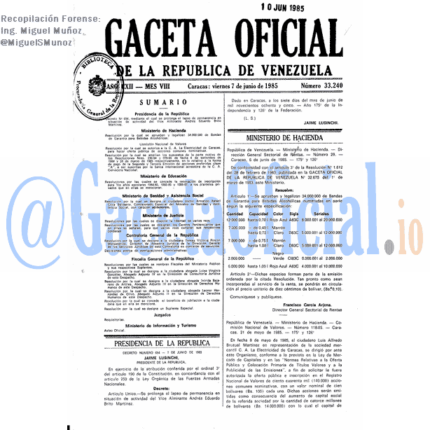 Gaceta Oficial 33240 del 7 Junio 1985