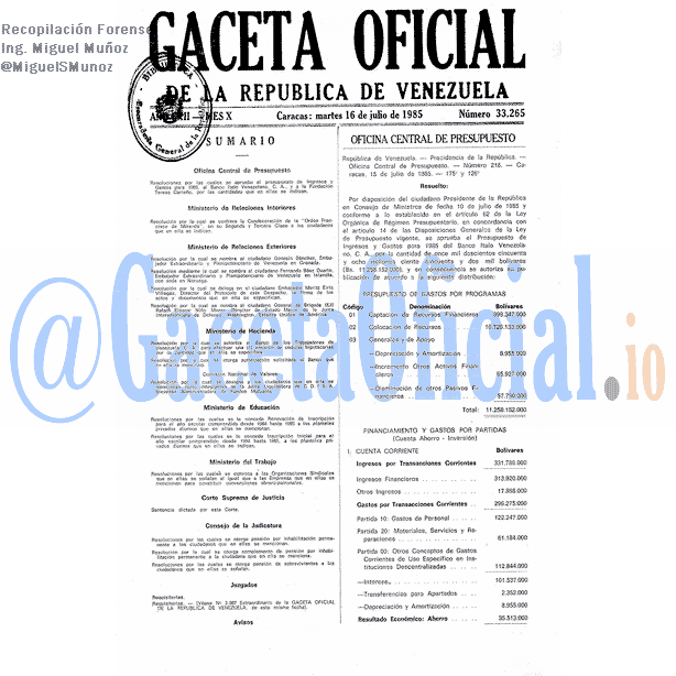 Gaceta Oficial 33265 del 16 Julio 1985