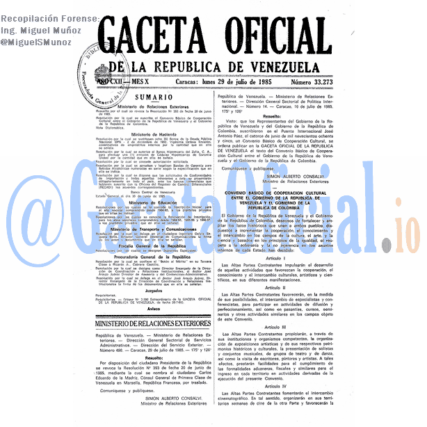 Gaceta Oficial 33273 del 29 Julio 1985