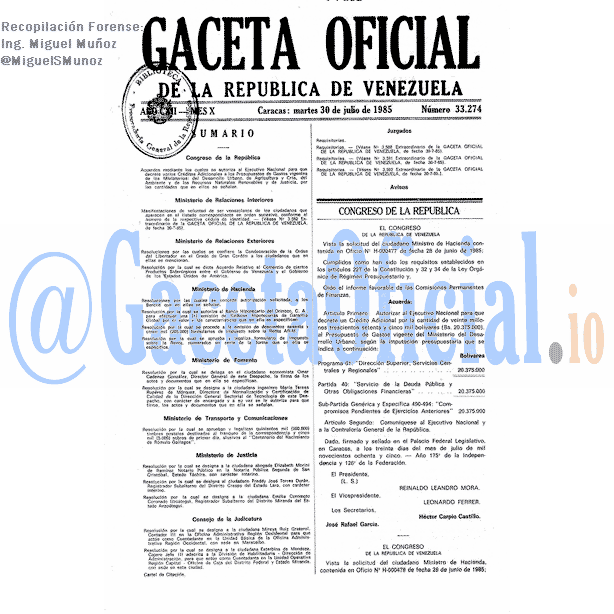 Gaceta Oficial 33274 del 30 Julio 1985