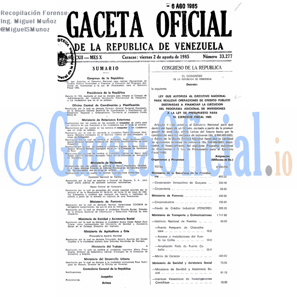 Gaceta Oficial 33277 del 2 Agosto 1985