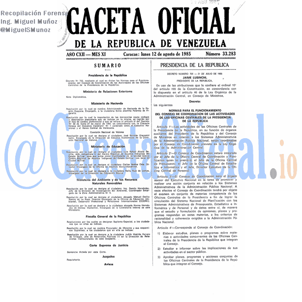 Gaceta Oficial 33283 del 12 Agosto 1985