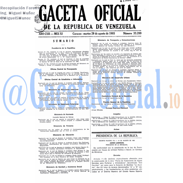 Gaceta Oficial 33289 del 20 Agosto 1985