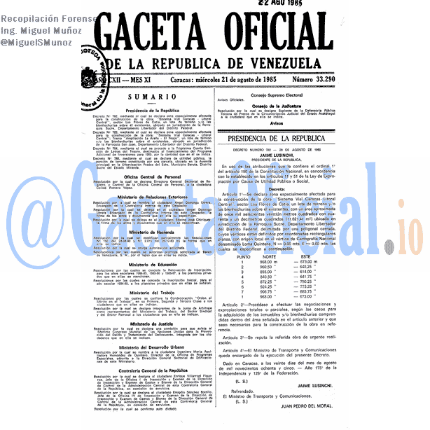 Gaceta Oficial 33290 del 21 Agosto 1985