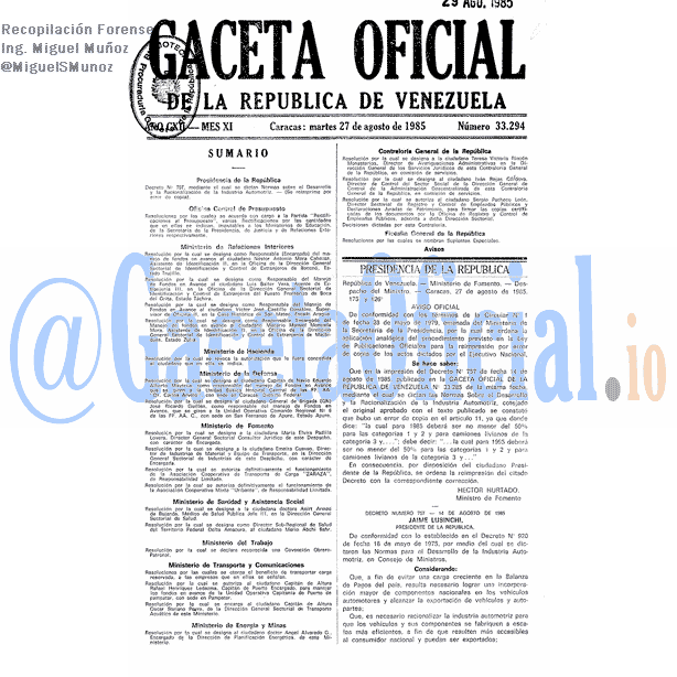 Gaceta Oficial 33294 del 27 Agosto 1985