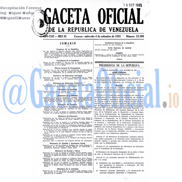 Gaceta Oficial 33300 del 4 Septiembre 1985