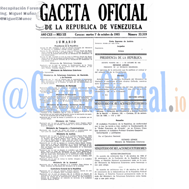 Gaceta Oficial 33319 del 1 Octubre 1985