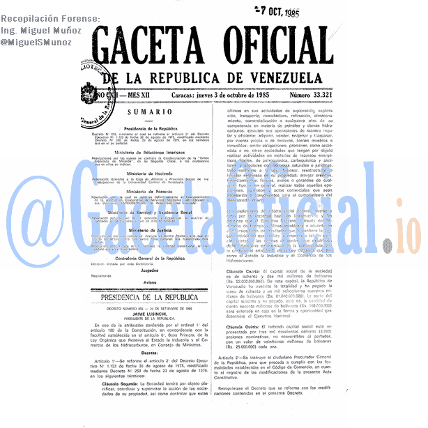 Gaceta Oficial 33321 del 3 Octubre 1985