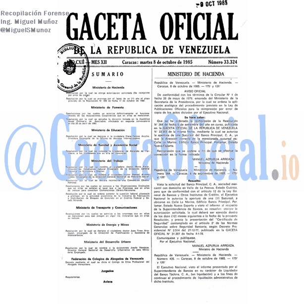 Gaceta Oficial 33324 del 8 Octubre 1985