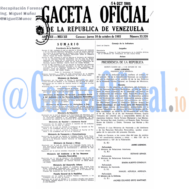 Gaceta Oficial 33326 del 10 Octubre 1985