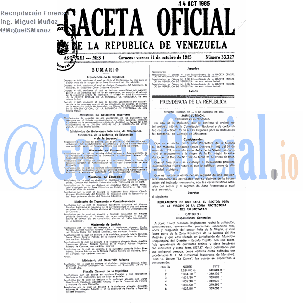 Gaceta Oficial 33327 del 11 Octubre 1985