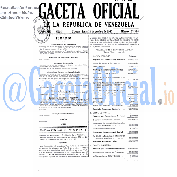 Gaceta Oficial 33328 del 14 Octubre 1985