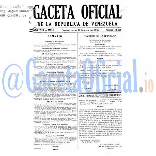 Gaceta Oficial 33329 del 15 Octubre 1985