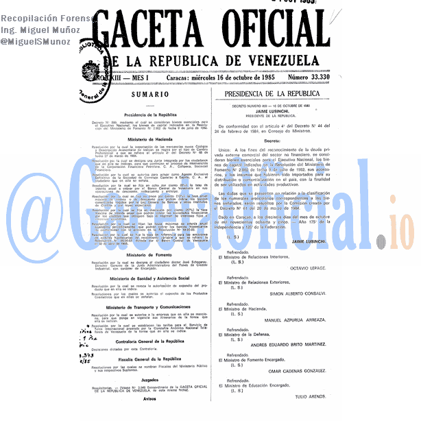 Gaceta Oficial 33330 del 16 Octubre 1985