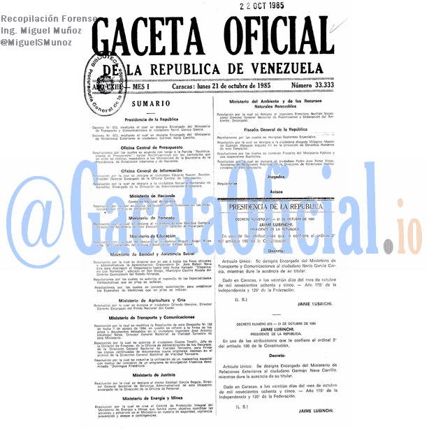 Gaceta Oficial 33333 del 21 Octubre 1985