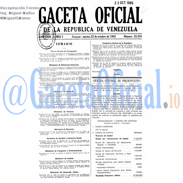 Gaceta Oficial 33334 del 22 Octubre 1985