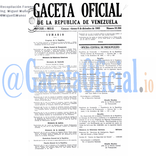 Gaceta Oficial 33366 del 6 Diciembre 1985