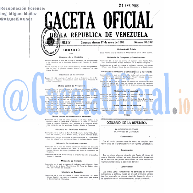 Gaceta Oficial 33392 del 17 Enero 1986