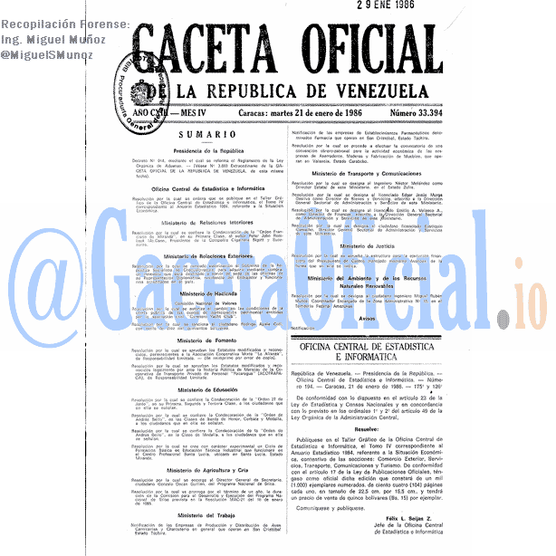 Gaceta Oficial 33394 del 21 Enero 1986