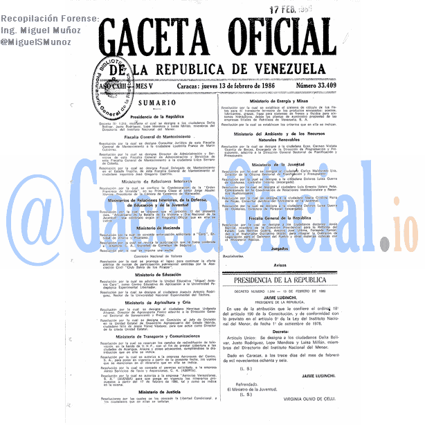Gaceta Oficial 33409 del 13 Febrero 1986