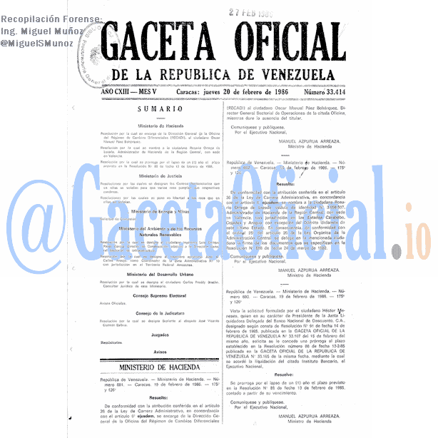 Gaceta Oficial 33414 del 20 Febrero 1986