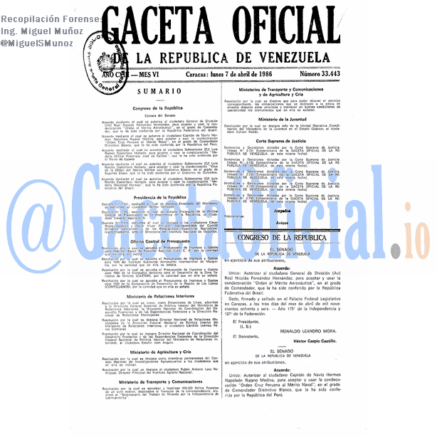 Gaceta Oficial 33443 del 7 Abril 1986