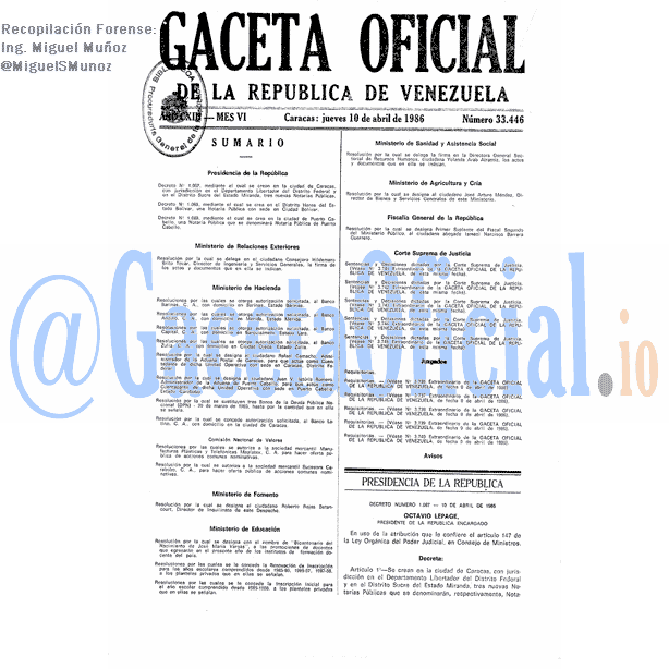 Gaceta Oficial 33446 del 10 Abril 1986