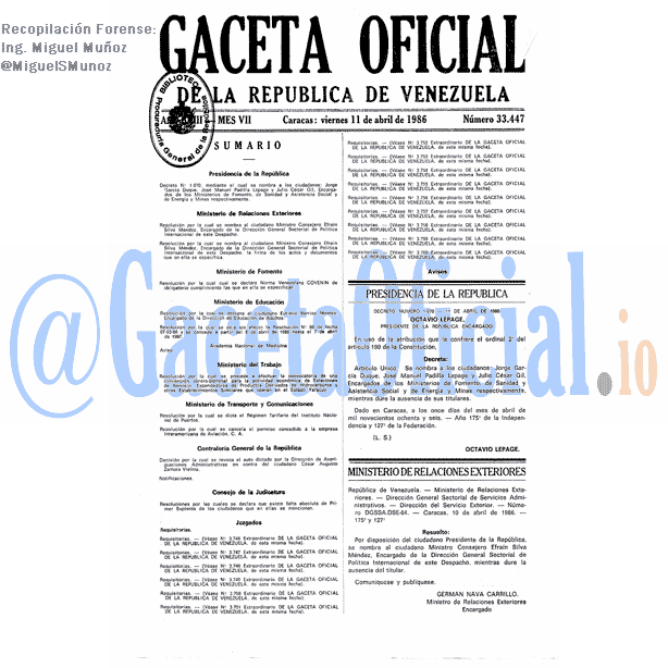 Gaceta Oficial 33447 del 11 Abril 1986