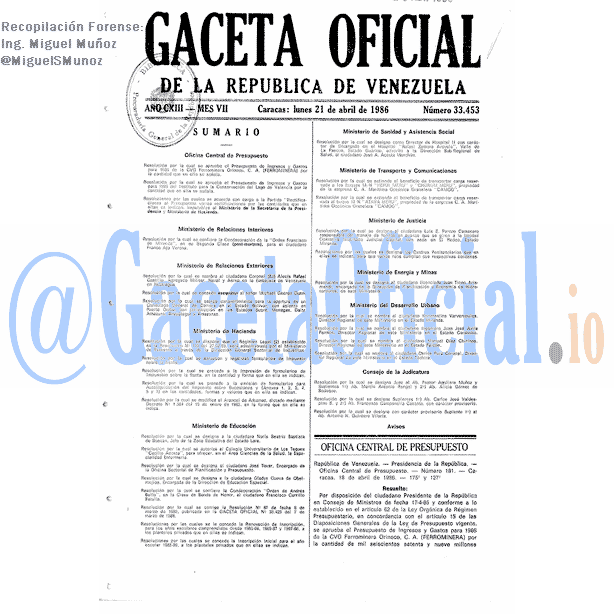 Gaceta Oficial 33453 del 21 Abril 1986