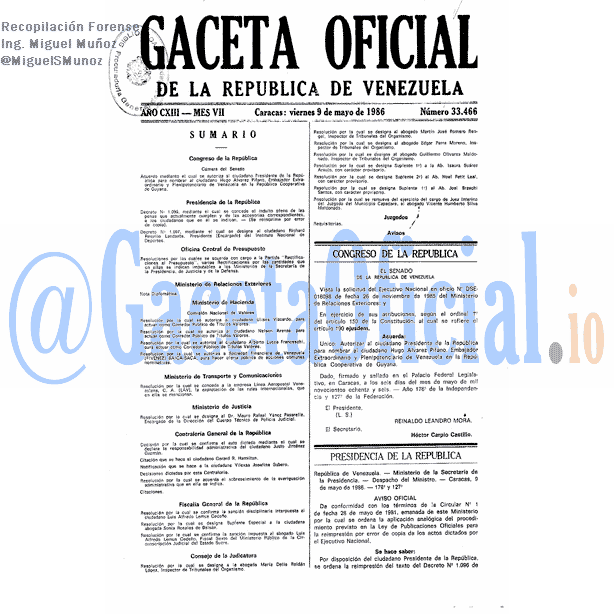 Gaceta Oficial 33466 del 9 Mayo 1986