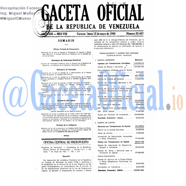 Gaceta Oficial 33467 del 12 Mayo 1986
