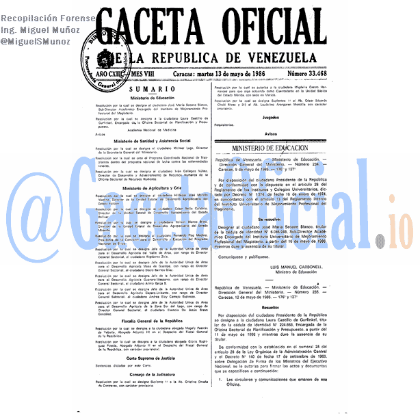 Gaceta Oficial 33468 del 13 Mayo 1986