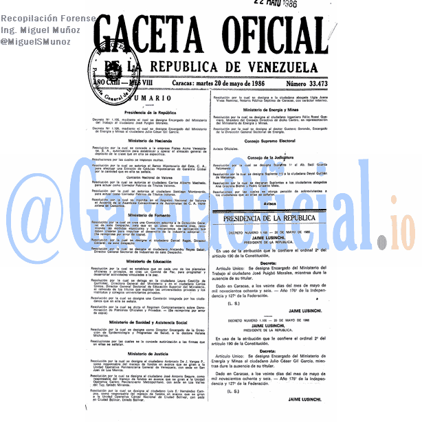 Gaceta Oficial 33473 del 20 Mayo 1986