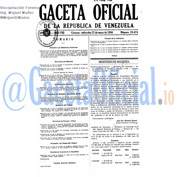Gaceta Oficial 33474 del 21 Mayo 1986