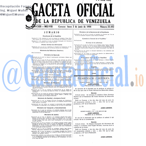 Gaceta Oficial 33482 del 2 Junio 1986