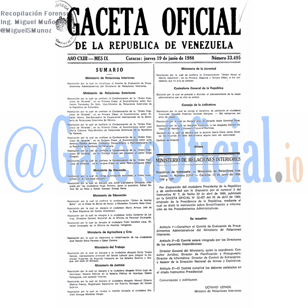 Gaceta Oficial 33495 del 19 Junio 1986