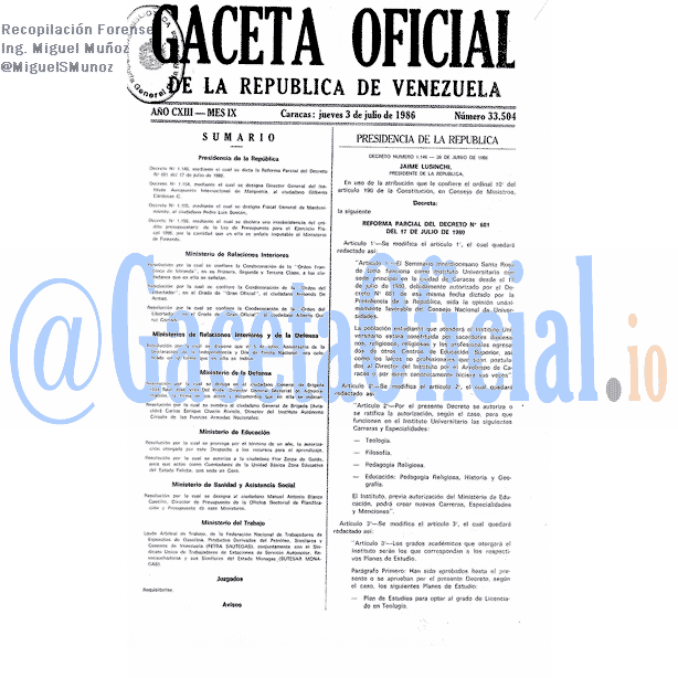 Gaceta Oficial 33504 del 3 Julio 1986