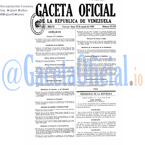 Gaceta Oficial 33535 del 18 Agosto 1986